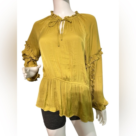 CALLIGRAPHIE Elegant Mustard Ruffle Blouse Size L - Picture 1 of 7